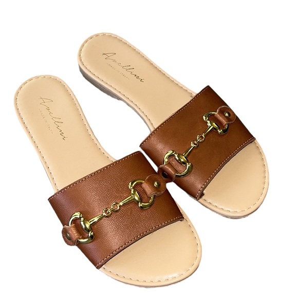 Avellini Italy Cognac Brown Faux Leather Gold Chain Bit Sandals Slides - 6.5 - Picture 15 of 15